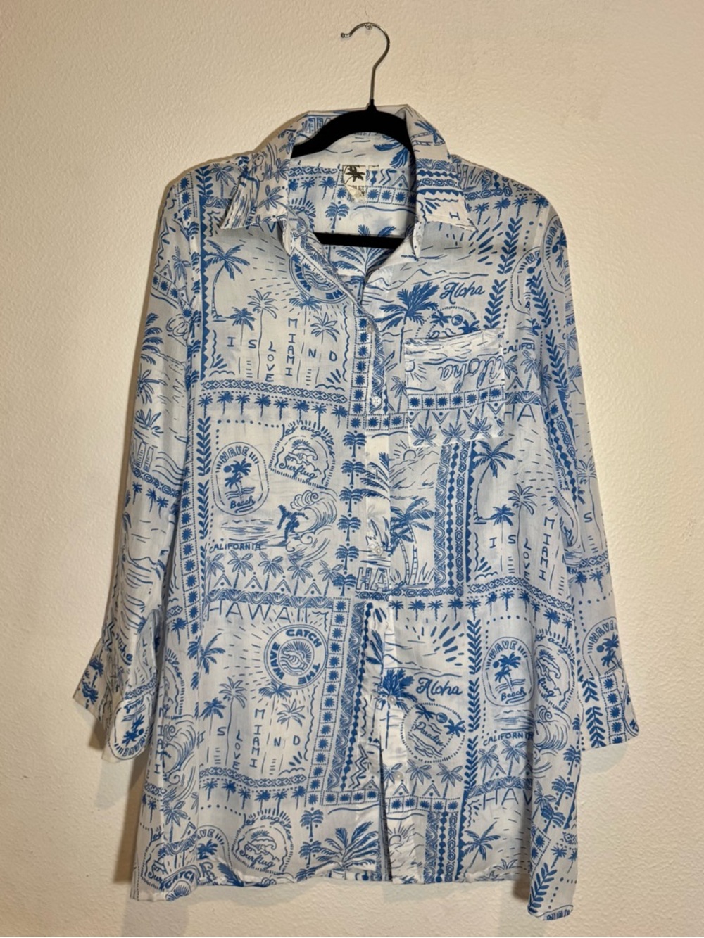 Violet Sky Blue White Hawaiian Print Button Down Shirt Size S